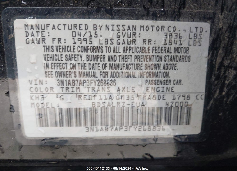 2015 NISSAN SENTRA SR VIN: 3N1AB7AP3FY268836