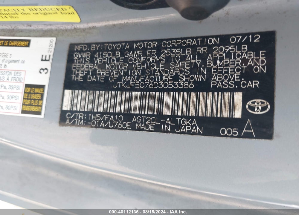 2013 SCION TC VIN: JTKJF5C76D3053386