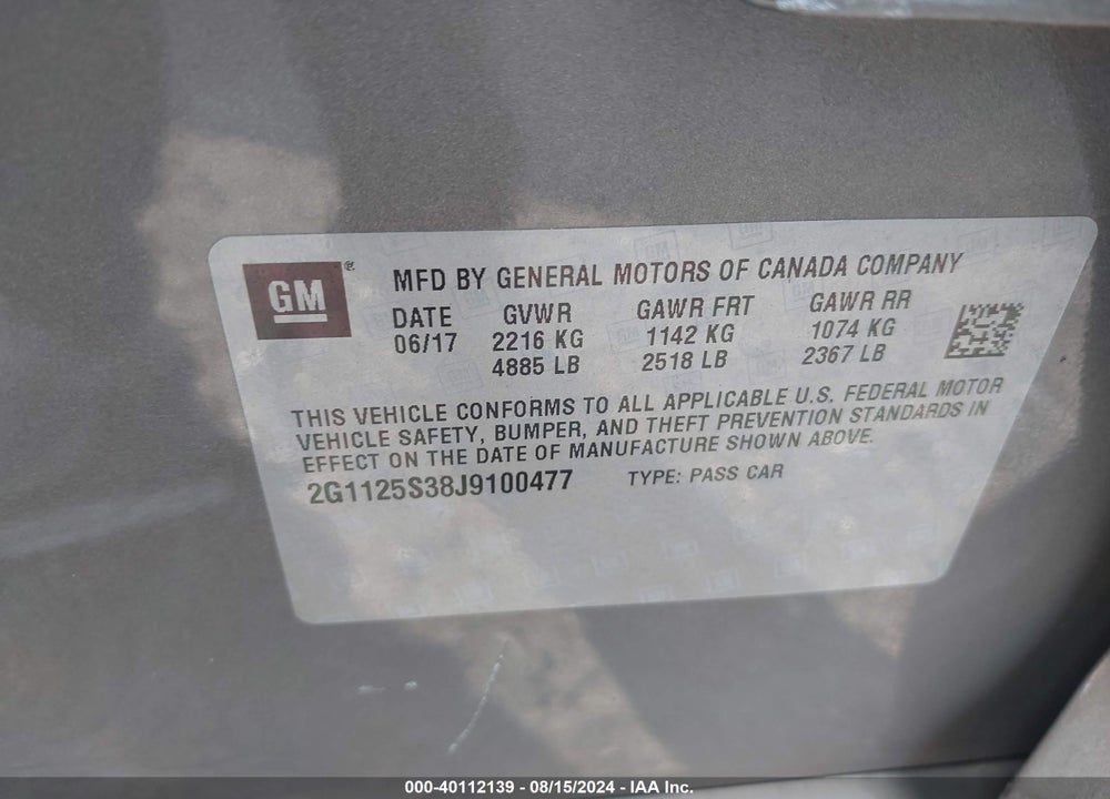 2018 CHEVROLET IMPALA 2LZ VIN: 2G1125S38J9100477