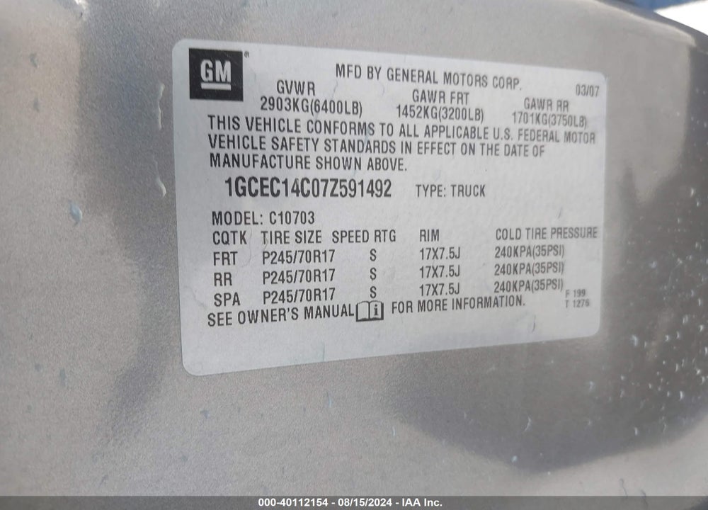 2007 CHEVROLET SILVERADO 1500 LT1 VIN: 1GCEC14C07Z591492