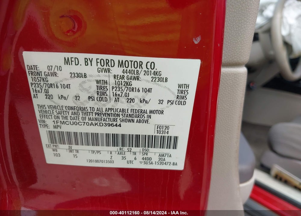 2010 FORD ESCAPE XLS VIN: 1FMCU0C70AKD39644