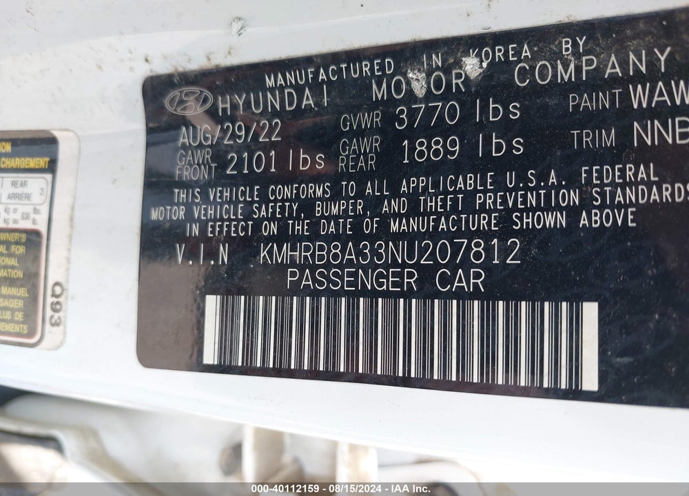 2022 HYUNDAI VENUE SE VIN: KMHRB8A33NU207812