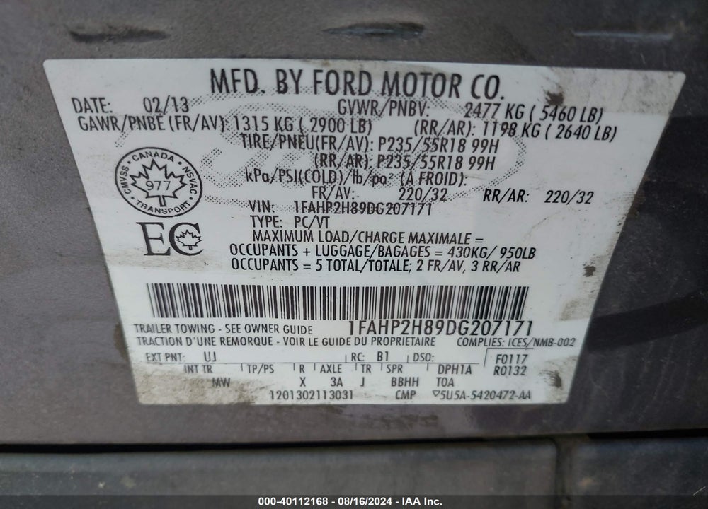 2013 FORD TAURUS SEL VIN: 1FAHP2H89DG207171