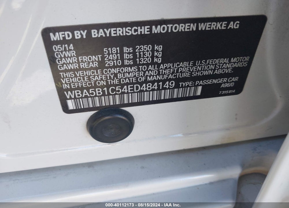 2014 BMW 535I VIN: WBA5B1C54ED484149