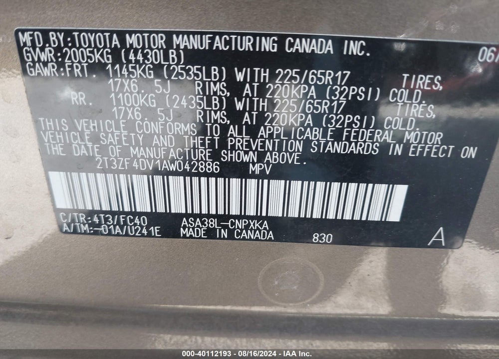 2010 TOYOTA RAV4 VIN: 2T3ZF4DV1AW042886
