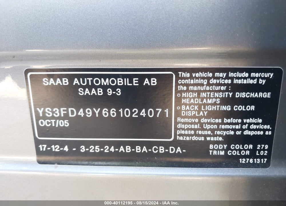 2006 SAAB 9-3 2.0T VIN: YS3FD49Y661024071