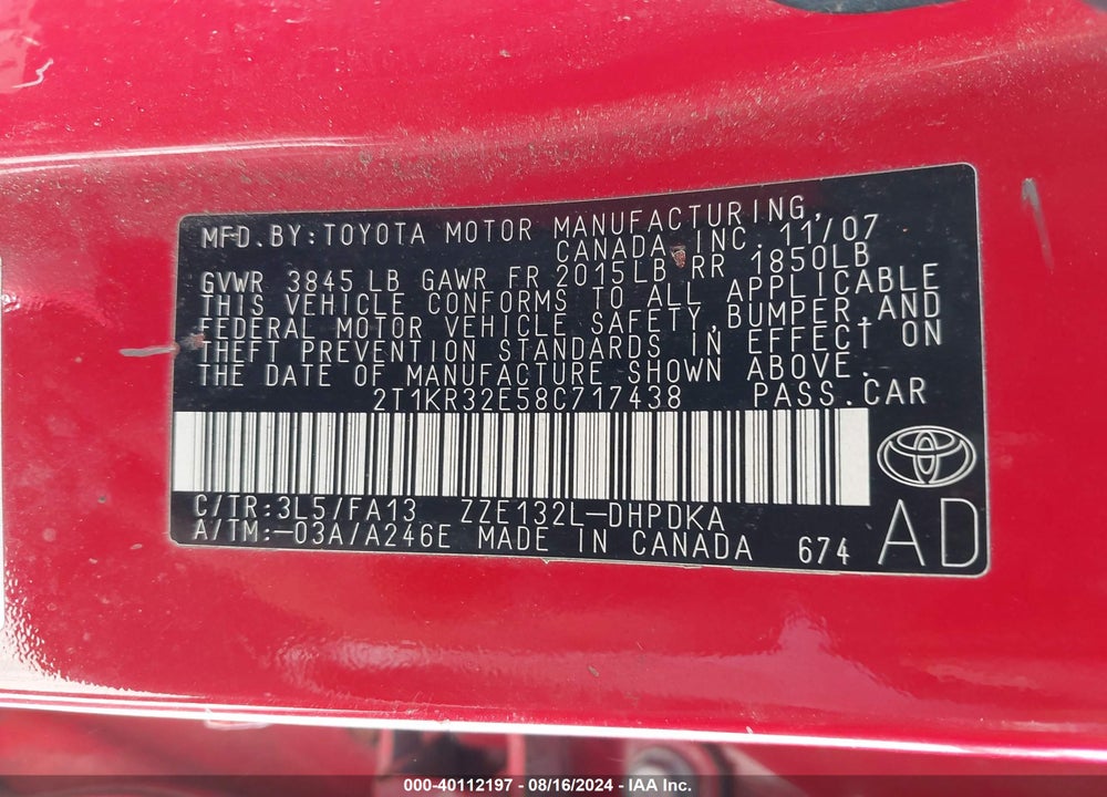 2008 TOYOTA MATRIX VIN: 2T1KR32E58C717438