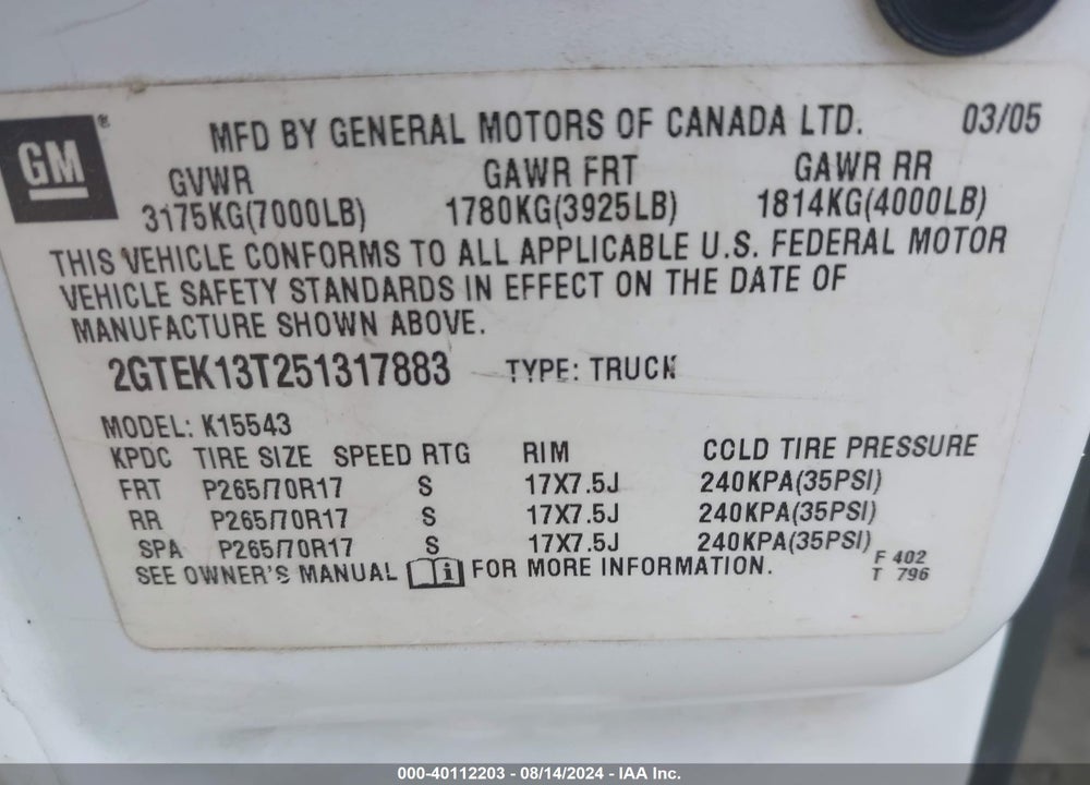 2005 GMC SIERRA 1500 SLE VIN: 2GTEK13T251317883