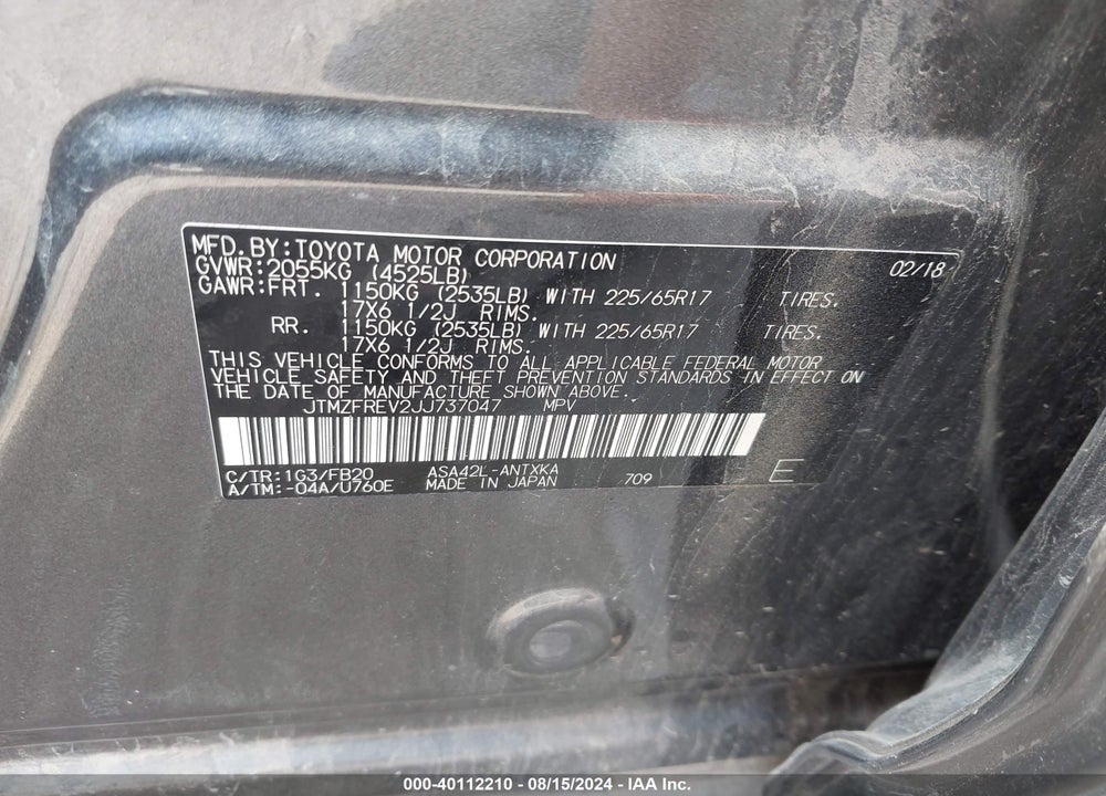 2018 TOYOTA RAV4 LE VIN: JTMZFREV2JJ737047