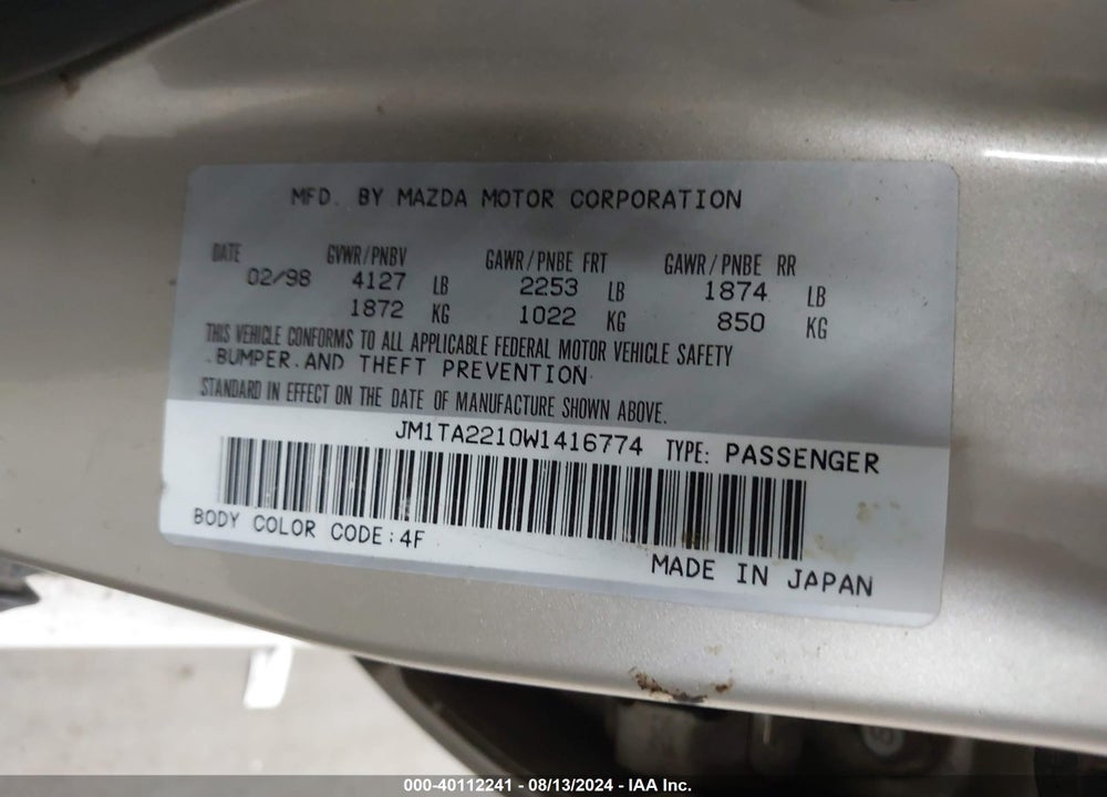 1998 MAZDA MILLENIA VIN: JM1TA2210W1416774