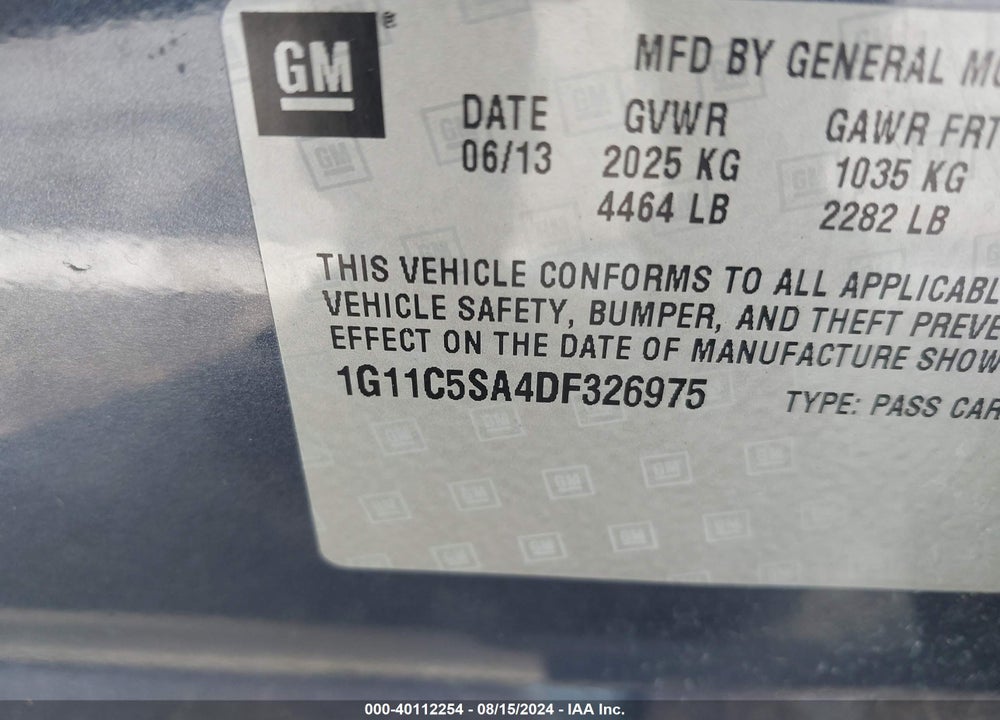 2013 CHEVROLET MALIBU 1LT VIN: 1G11C5SA4DF326975