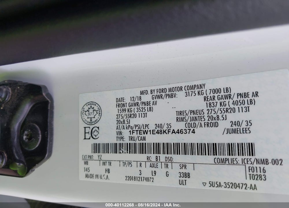2019 FORD F-150 LARIAT VIN: 1FTEW1E48KFA46374