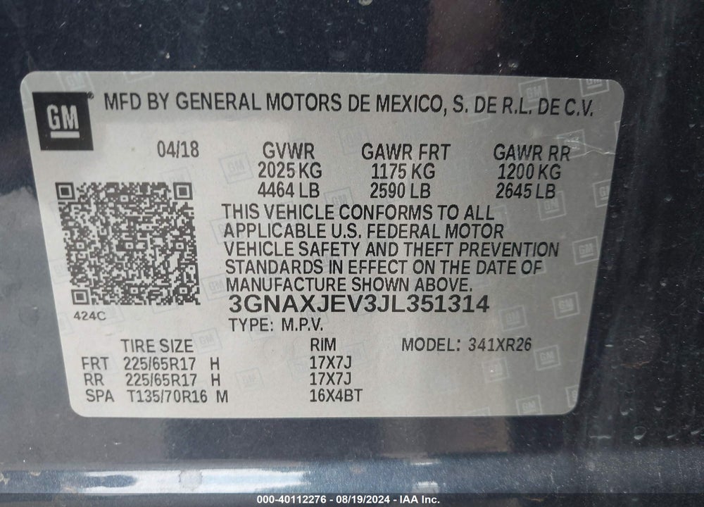 2018 CHEVROLET EQUINOX LT VIN: 3GNAXJEV3JL351314