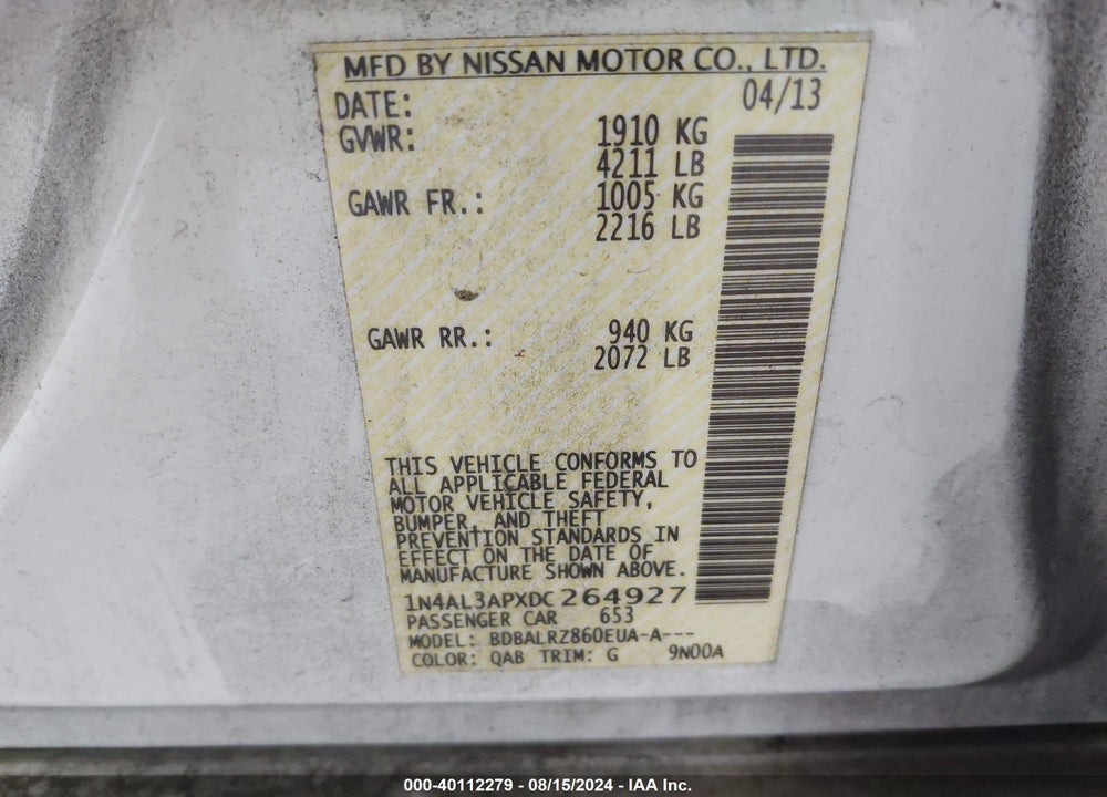 2013 NISSAN ALTIMA 2.5 S VIN: 1N4AL3APXDC264927