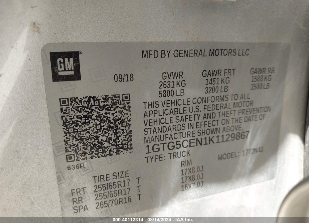 2019 GMC CANYON SLE VIN: 1GTG5CEN1K1129867