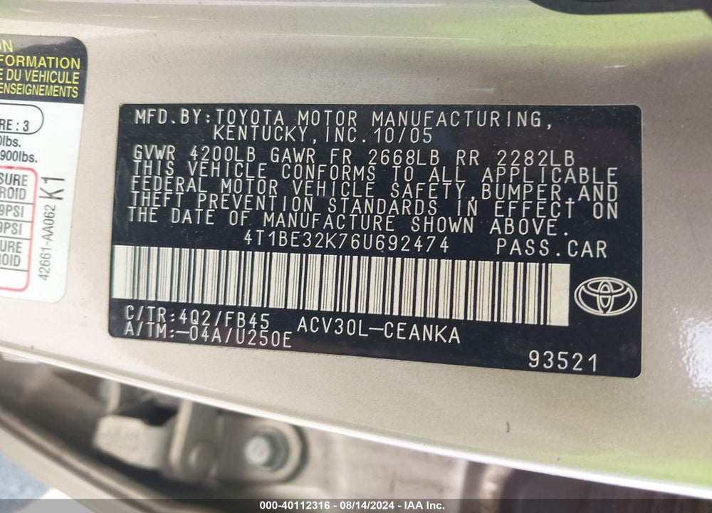 2006 TOYOTA CAMRY STD/ VIN: 4T1BE32K76U692474