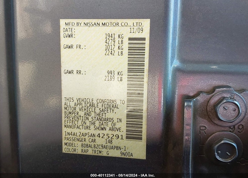 2010 NISSAN ALTIMA 2.5 S VIN: 1N4AL2AP5AN425291