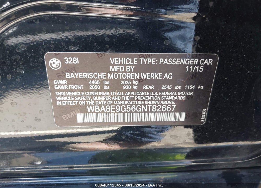 2016 BMW 328I VIN: WBA8E9G56GNT82667