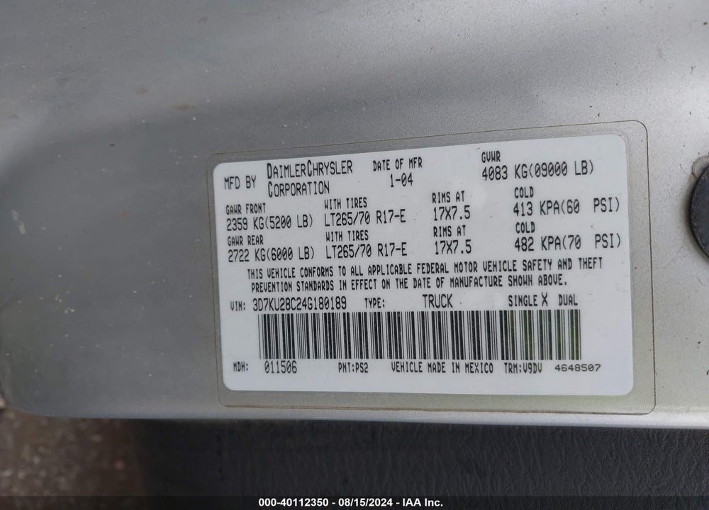 2004 DODGE RAM 2500 SLT/LARAMIE VIN: 3D7KU28C24G180189