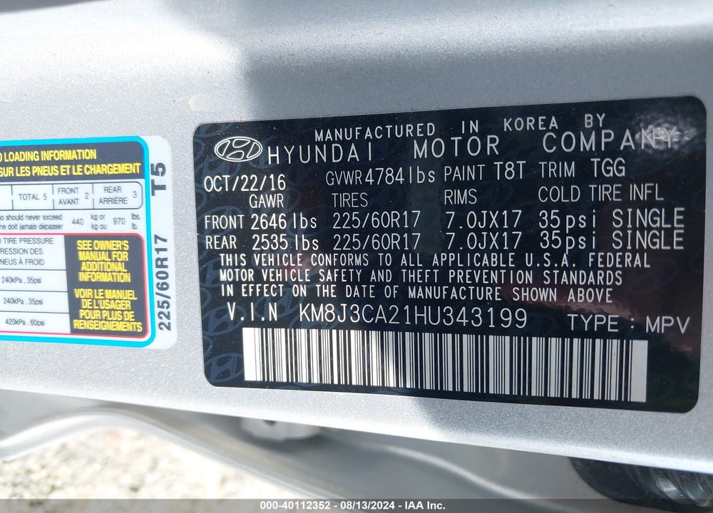 2017 HYUNDAI TUCSON ECO VIN: KM8J3CA21HU343199