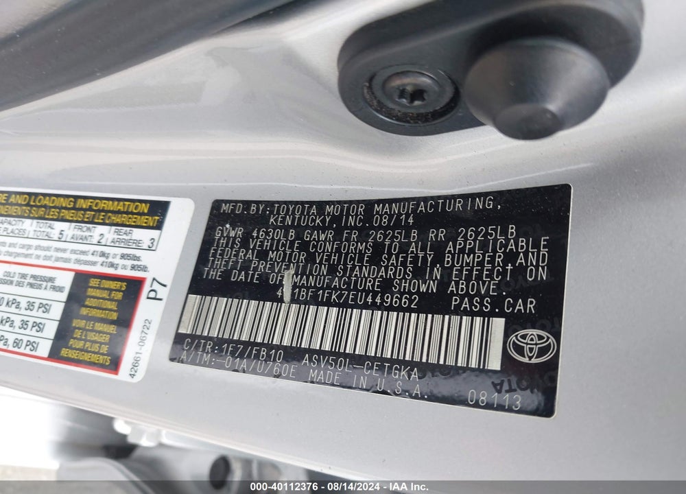 2014 TOYOTA CAMRY XLE VIN: 4T1BF1FK7EU449662