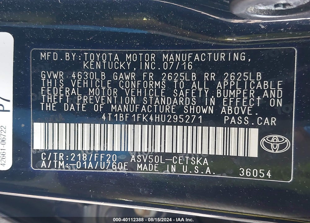 2017 TOYOTA CAMRY SE VIN: 4T1BF1FK4HU295271