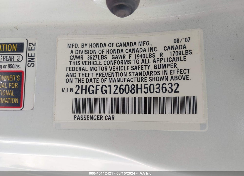 2008 HONDA CIVIC LX VIN: 2HGFG12608H503632