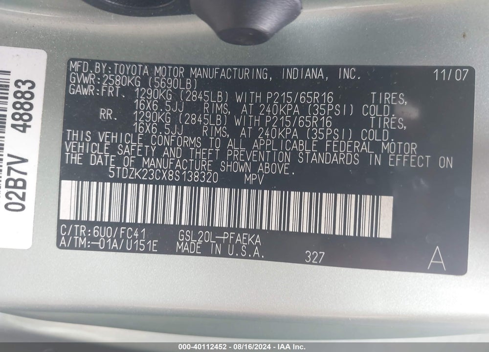 2008 TOYOTA SIENNA LE VIN: 5TDZK23CX8S138320