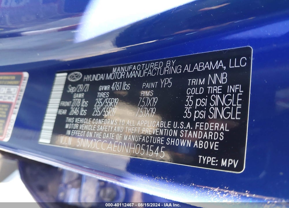 2022 HYUNDAI TUCSON SEL VIN: 5NMJCCAE0NH051545