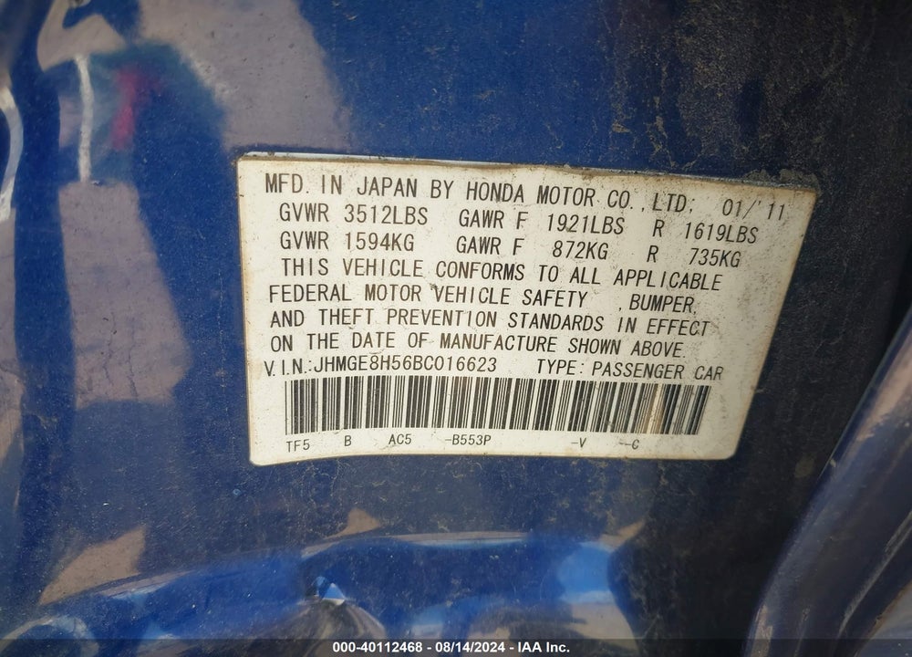 2011 HONDA FIT SPORT VIN: JHMGE8H56BC016623