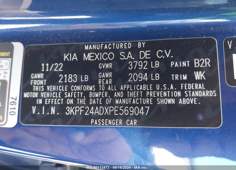 2023 KIA FORTE LXS VIN: 3KPF24ADXPE569047