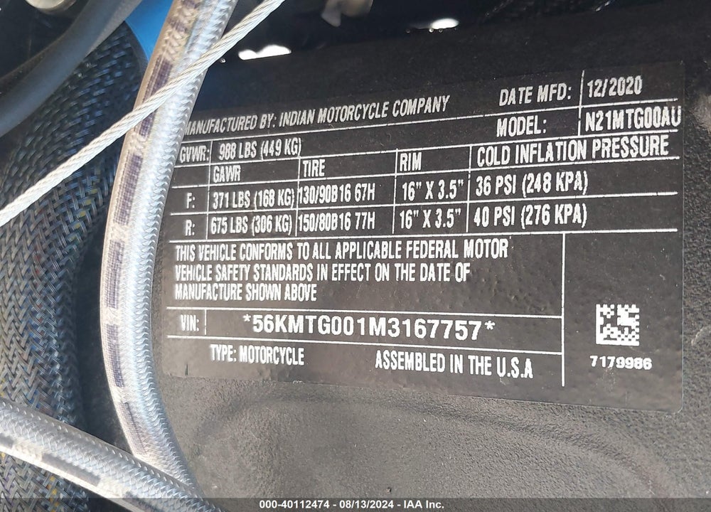 2021 INDIAN MOTORCYCLE CO. SCOUT BOBBER TWENTY ABS VIN: 56KMTG001M3167757