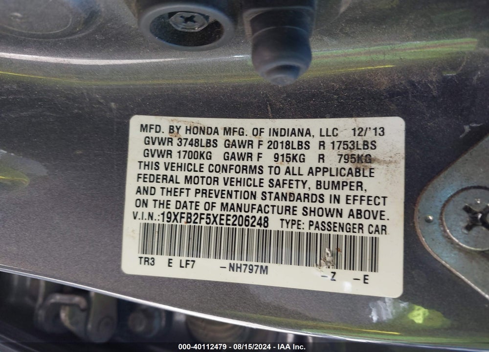 2014 HONDA CIVIC LX VIN: 19XFB2F5XEE206248