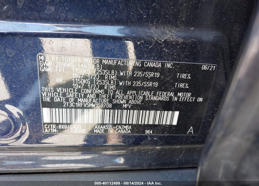 2021 TOYOTA RAV4 XLE PREMIUM VIN: 2T3C1RFV5MW158708