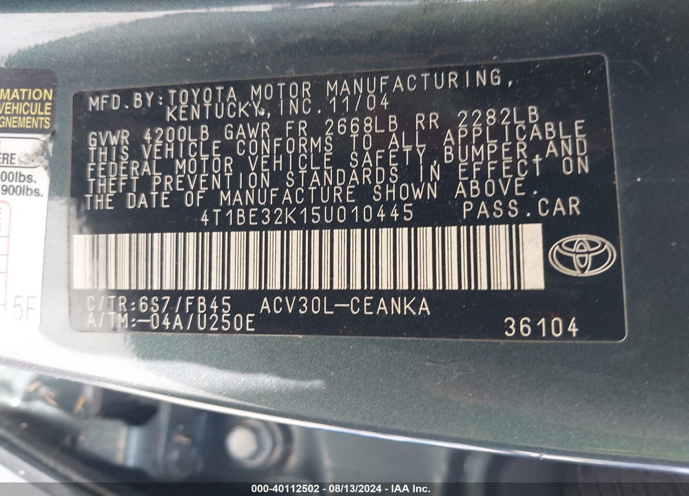 2005 TOYOTA CAMRY LE VIN: 4T1BE32K15U010445