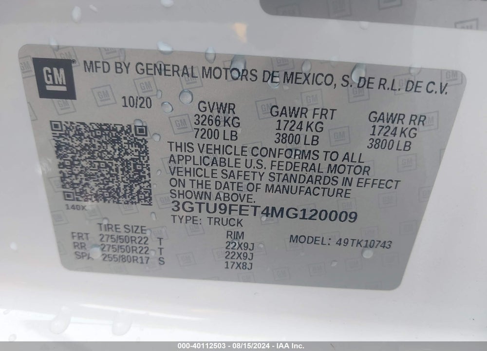 2021 GMC SIERRA 1500 4WD STANDARD BOX DENALI VIN: 3GTU9FET4MG120009
