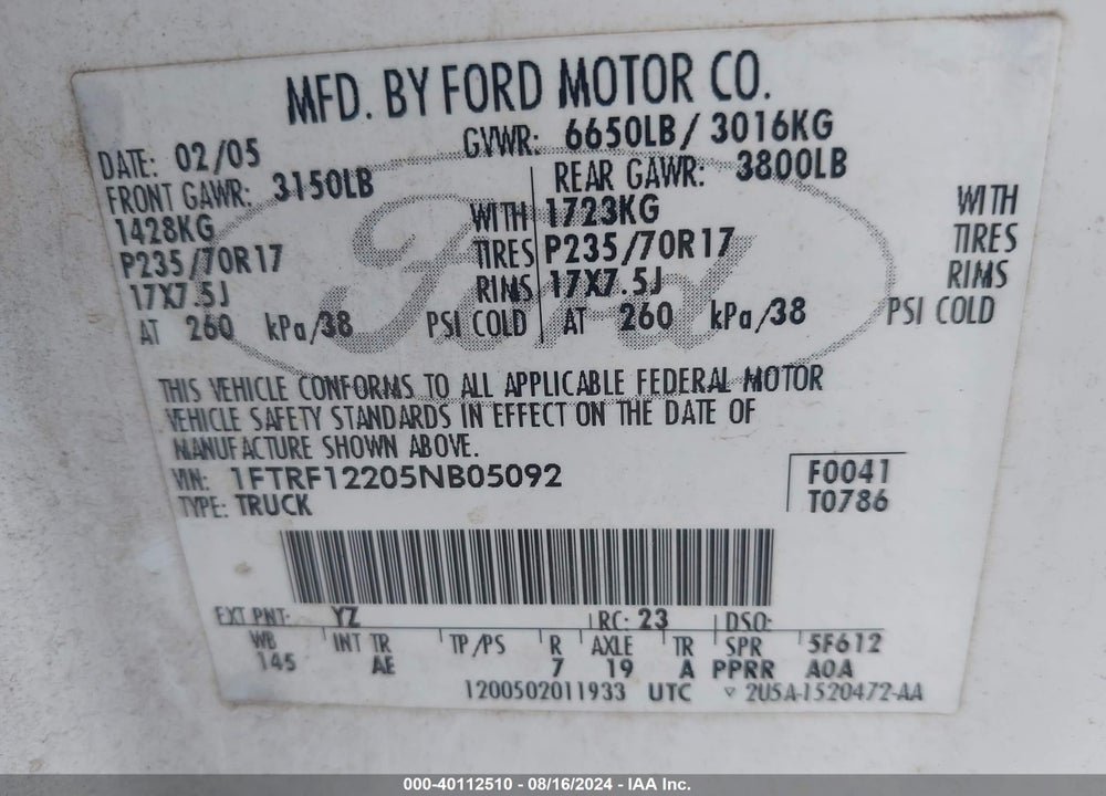2005 FORD F-150 STX/XL/XLT VIN: 1FTRF12205NB05092