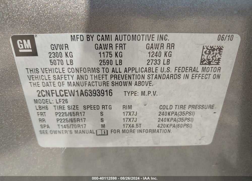 2010 CHEVROLET EQUINOX LS VIN: 2CNFLCEW1A6393916