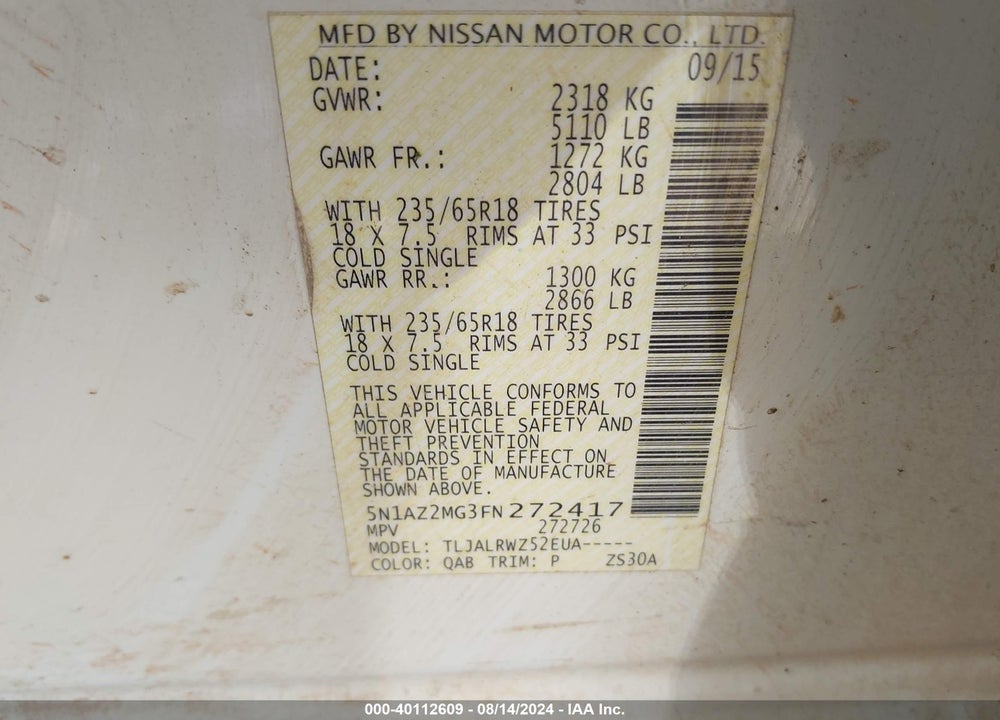 2015 NISSAN MURANO SL VIN: 5N1AZ2MG3FN272417