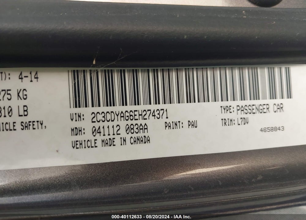 2014 DODGE CHALLENGER VIN: 2C3CDYAG6EH274371