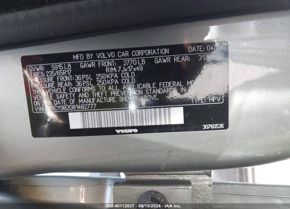 2008 VOLVO XC90 3.2 VIN: YV4CY982081482777