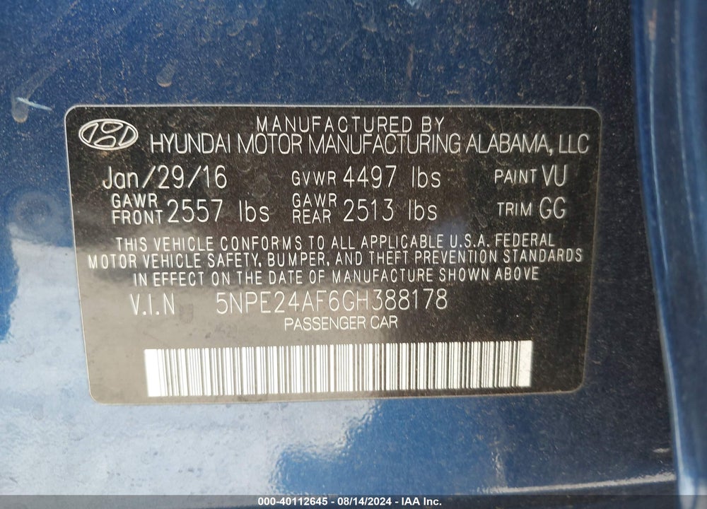 2016 HYUNDAI SONATA SE VIN: 5NPE24AF6GH388178