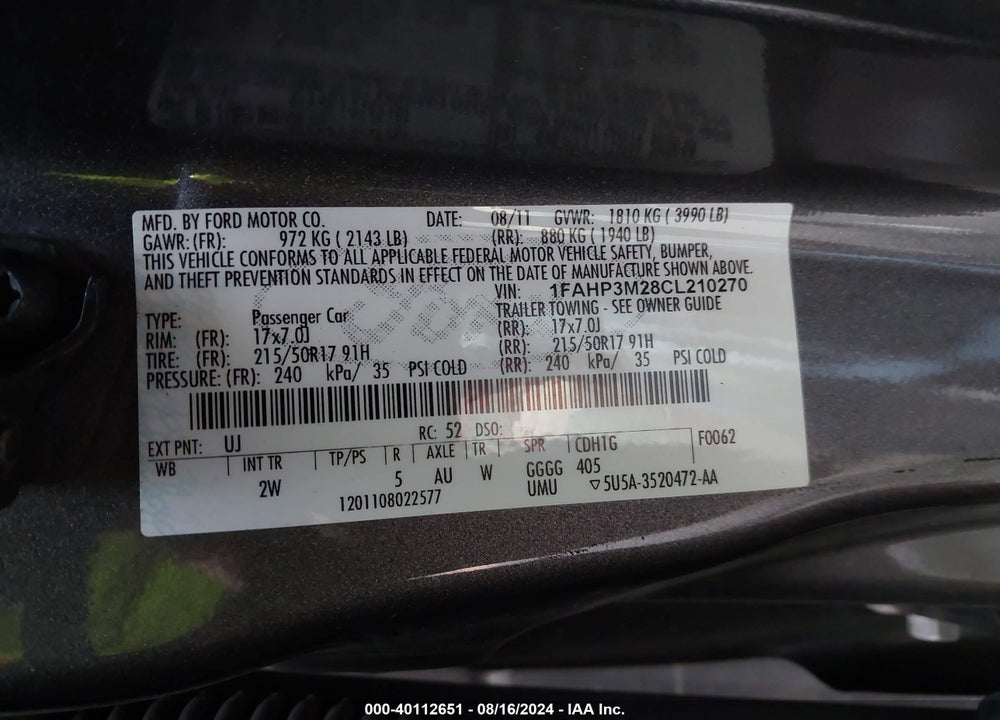 2012 FORD FOCUS VIN: 1FAHP3M28CL210270