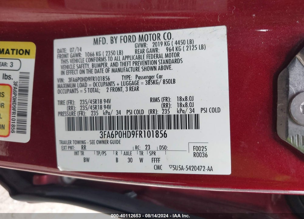 2015 FORD FUSION SE VIN: 3FA6P0HD9FR101856
