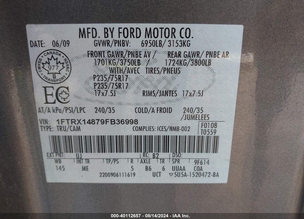 2009 FORD F-150 STX/XL/XLT VIN: 1FTRX14879FB36998