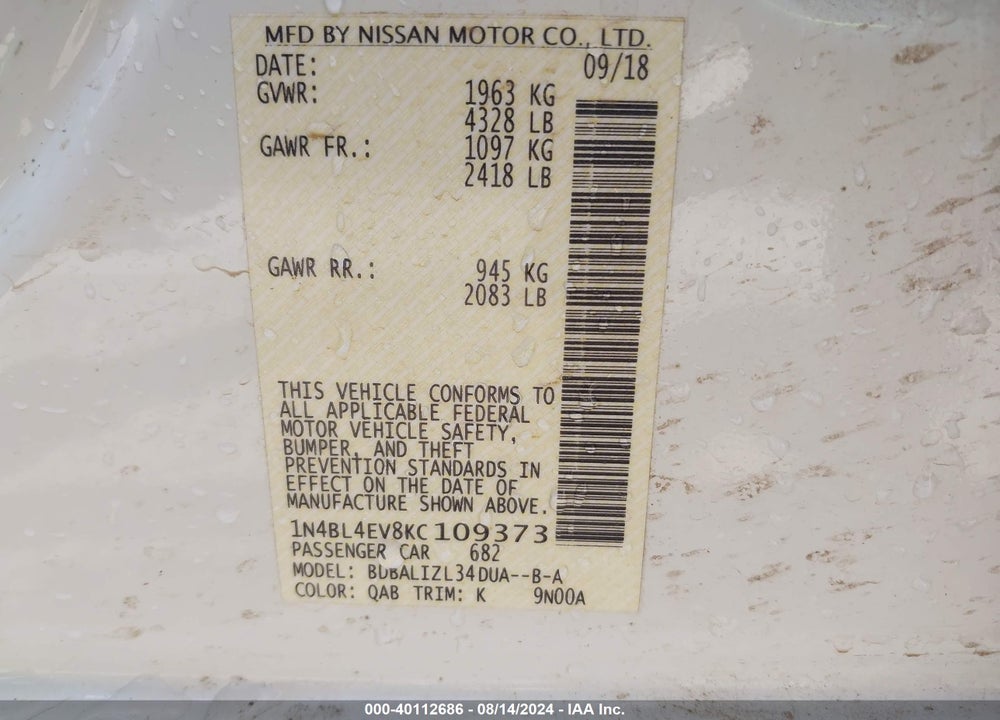 2019 NISSAN ALTIMA 2.5 SL VIN: 1N4BL4EV8KC109373