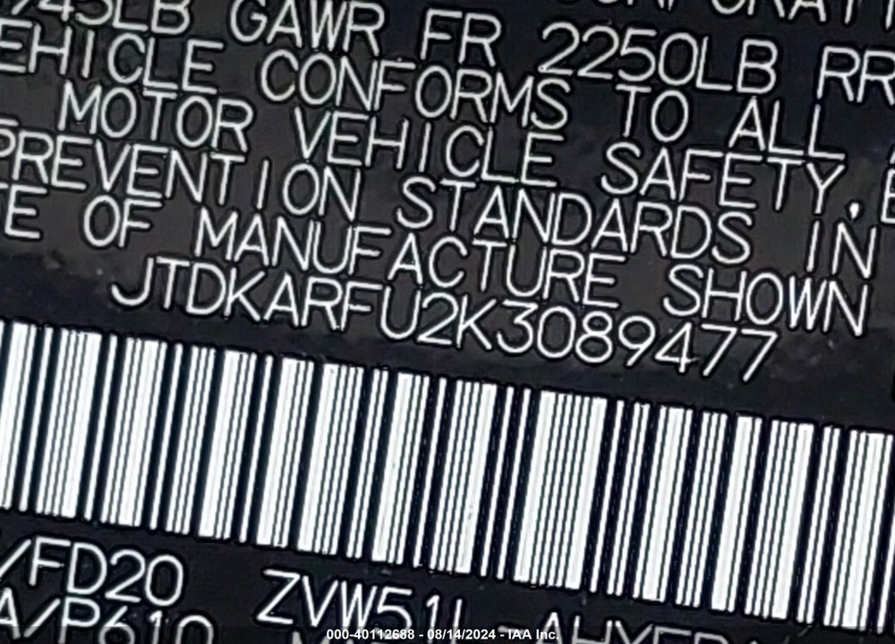 2019 TOYOTA PRIUS LE VIN: JTDKARFU2K3089477