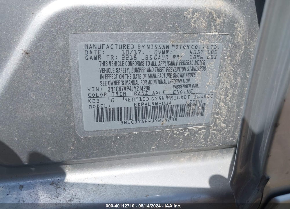 2018 NISSAN SENTRA VIN: 3N1CB7AP4JY214298