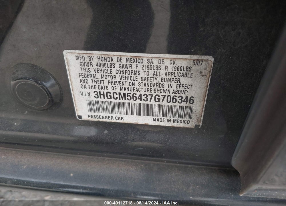 2007 HONDA ACCORD 2.4 LX VIN: 3HGCM56437G706346