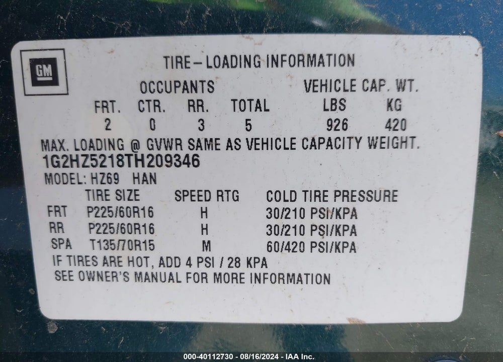 1996 PONTIAC BONNEVILLE SSEI VIN: 1G2HZ5218TH209346